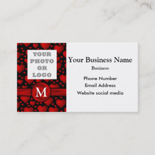 Monogrammed black, red heart pattern company logo business card