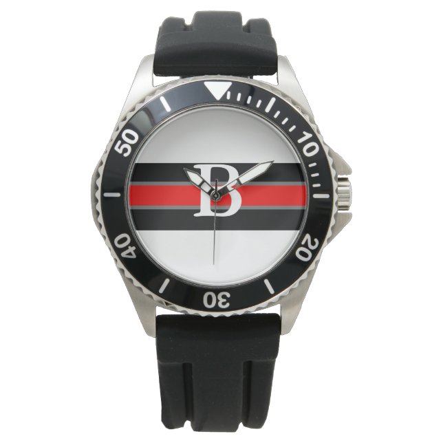 Monogrammed Black & Red Striped Watch (Front)