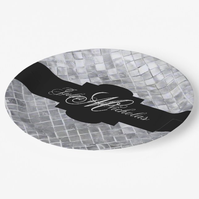 Monogrammed Black & Silver 25th Anniversary Paper Plate (Angled)
