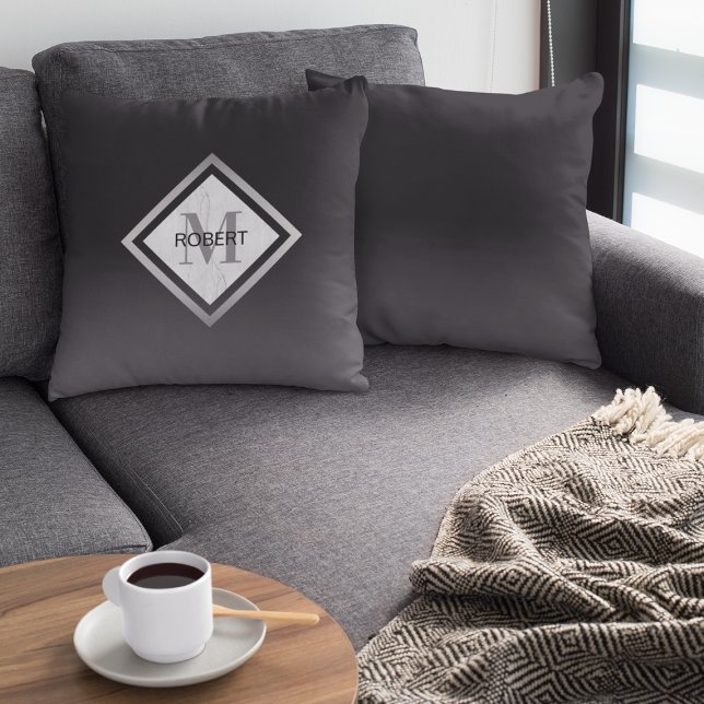 Monogrammed Black Silver Marble Geometric Throw Pillow (Creator Uploaded)