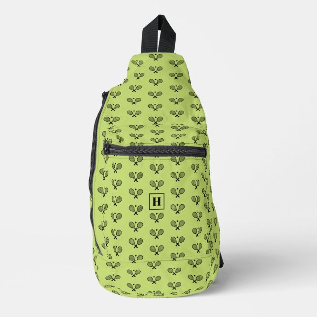 Monogrammed Black Tennis Racket Pattern Sling Bag (Front)