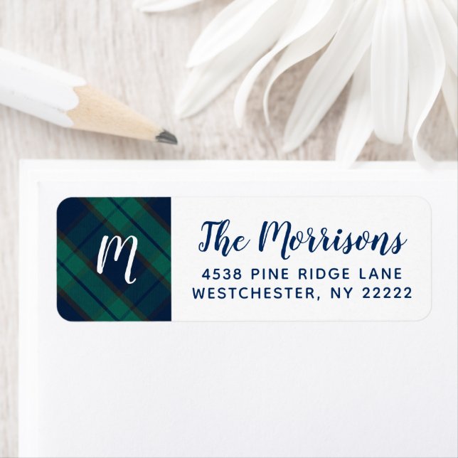 Monogrammed Black Watch Plaid Blue Green Address (Insitu)