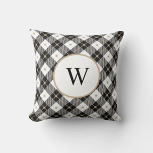 Monogrammed Black White and Gold Plaid Throw Pillo Throw Pillow