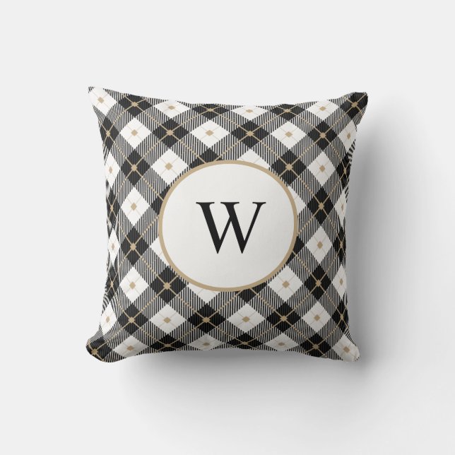 Monogrammed Black White and Gold Plaid Throw Pillo Throw Pillow (Front)