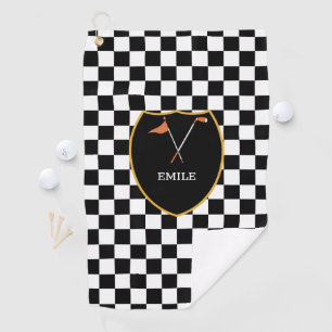 Monogrammed Black White Checks & golf club & flag  Golf Towel
