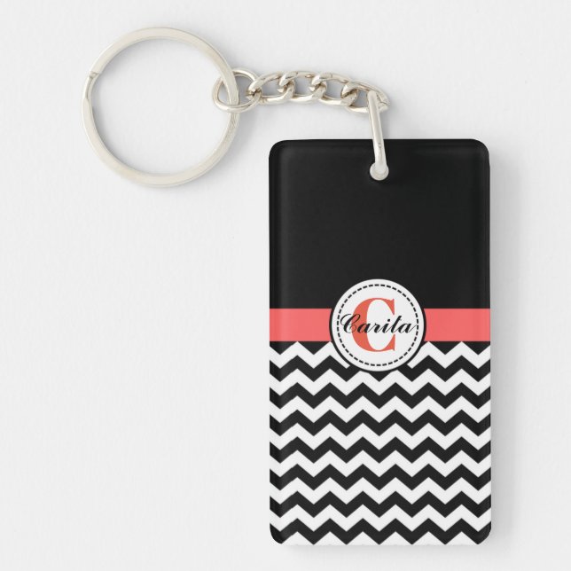 Monogrammed Black/White Chevron Acrylic Keychain (Front)