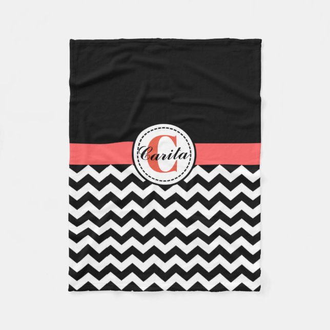 Monogrammed Black/White Chevron Fleece Blanket (Front)
