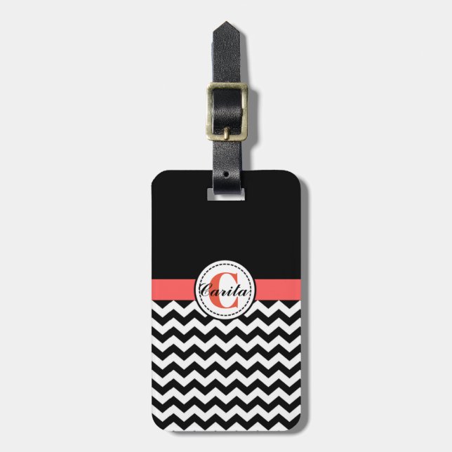 Monogrammed Black/White Chevron Luggage Tag (Front Vertical)