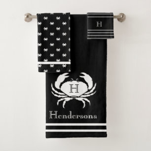 Monogrammed Black White Crab Nautical Bath Towel Set