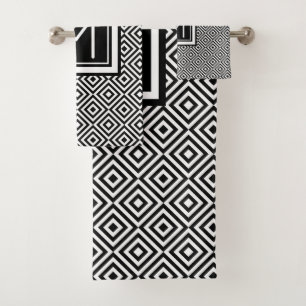 Monogrammed Black White Geometric Pattern Bath Towel Set