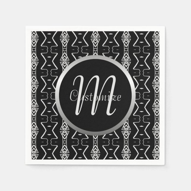 Monogrammed Black & White Geometric Triangles Napkin (Front)