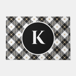 Monogrammed Black White Gold Plaid Doormat