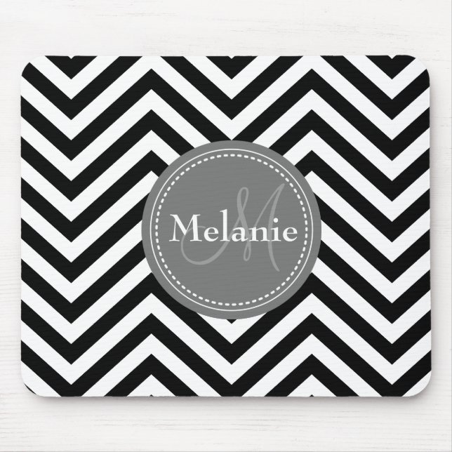 Monogrammed Black White Grey Chevron Quatrefoil Mouse Pad (Front)