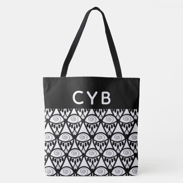 Monogrammed Black & White Henna Pattern Tote (Front)