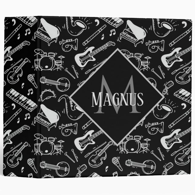 Monogrammed Black & White Instruments Pattern Binder (Front/Spine)