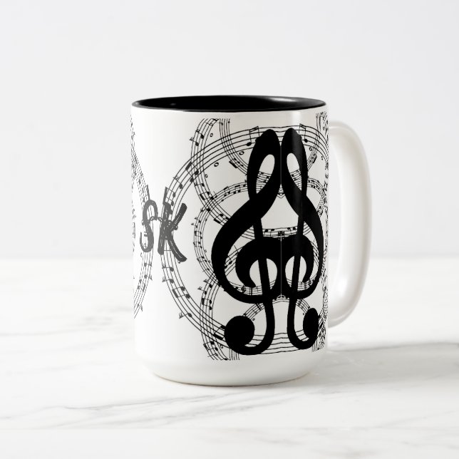 Monogrammed Black & White Mirror Image Music 2 Two-Tone Coffee Mug (Front Right)