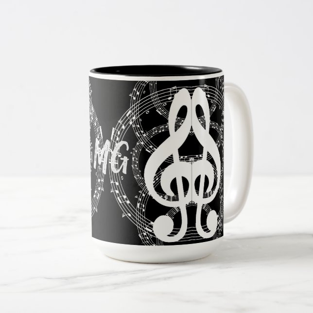 Monogrammed Black & White Mirror Image Music Two-Tone Coffee Mug (Front Right)