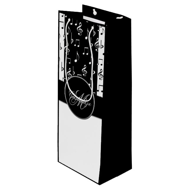 Monogrammed Black & White Musical Stripes 2 Wine Gift Bag (Front Angled)