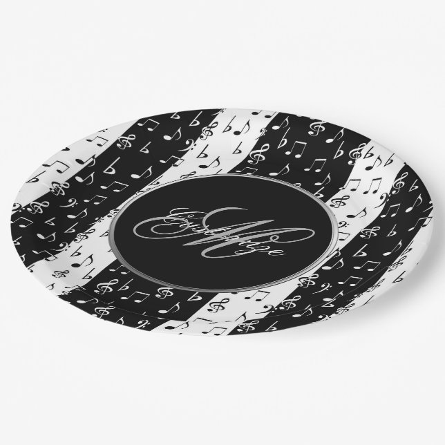 Monogrammed Black & White Musical Stripes Paper Plate (Angled)