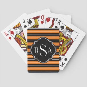Monogrammed Black White Orange Striped Pattern Playing Cards