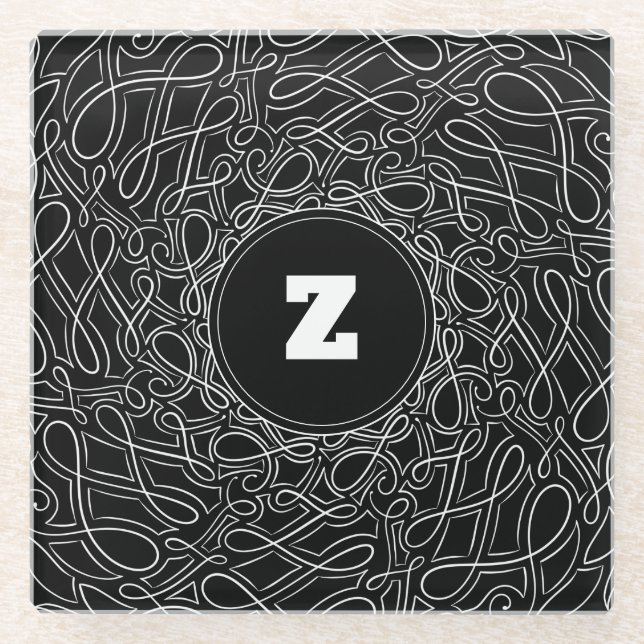 Monogrammed Black & White Pattern Swirl Modern Glass Coaster (Front)