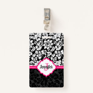 Monogrammed Black White & Pink Damask Badge