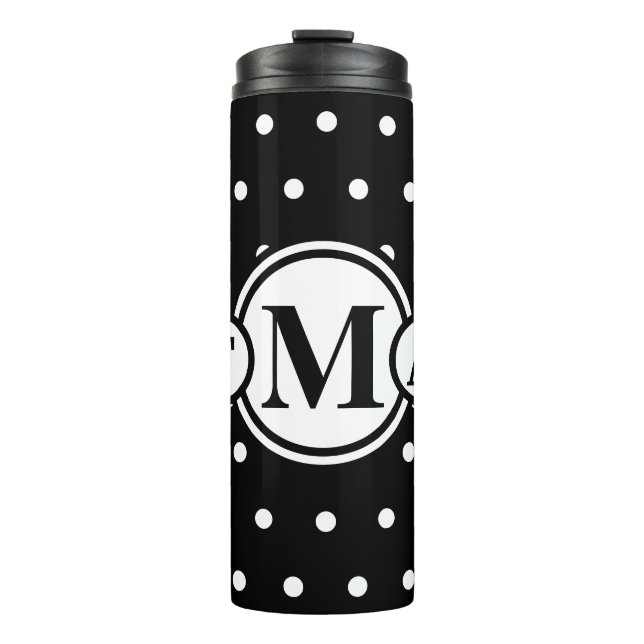 Monogrammed Black White Polka Dots Thermal Tumbler (Front)