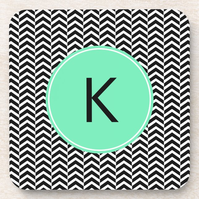 Monogrammed Black, White Sea Foam Chevron Pattern Coaster (Front)