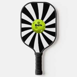 Monogrammed Black, White Starburst Striped Pickleball Paddle