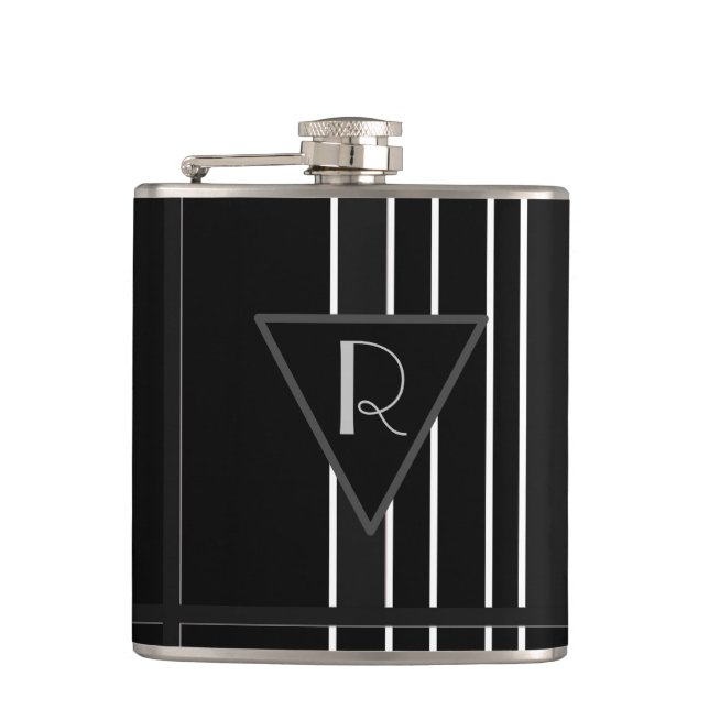 Monogrammed Black & White Striped Hip Flask (Front)