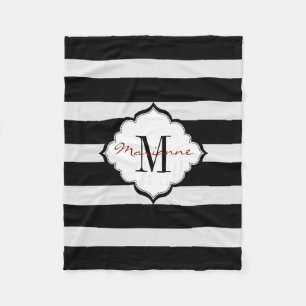 Monogrammed Black & White Stripes Fleece Blanket