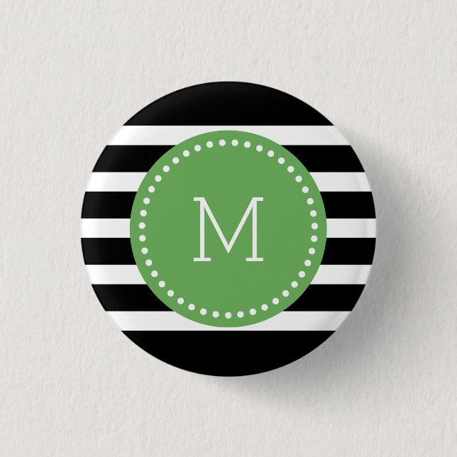 Monogrammed Black & White Stripes & Green Accent 1 Inch Round Button (Front)
