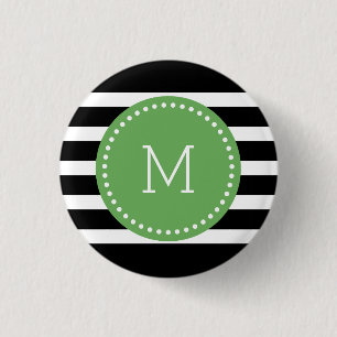 Monogrammed Black & White Stripes & Green Accent 1 Inch Round Button