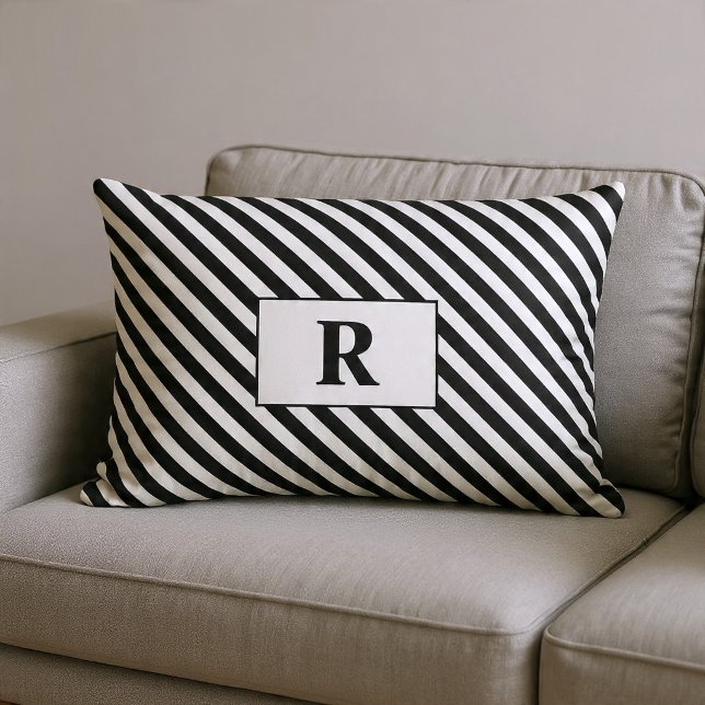 Monogrammed Black/White Stripes Lumbar Pillow (Creator Uploaded)