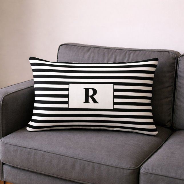 Monogrammed Black/White Stripes Lumbar Pillow (Creator Uploaded)