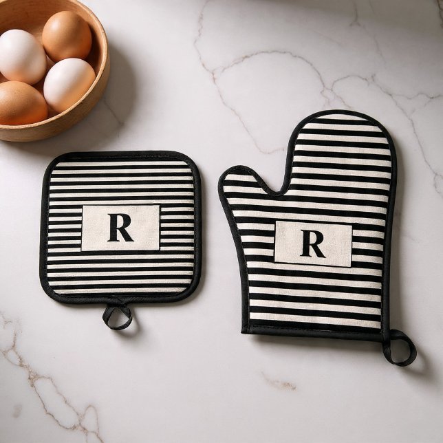 Monogrammed Black/White Stripes Oven Mitt & Pot Holder Set (Creator Uploaded)