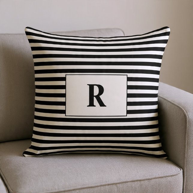 Monogrammed Black/White Stripes Throw Pillow (Creator Uploaded)
