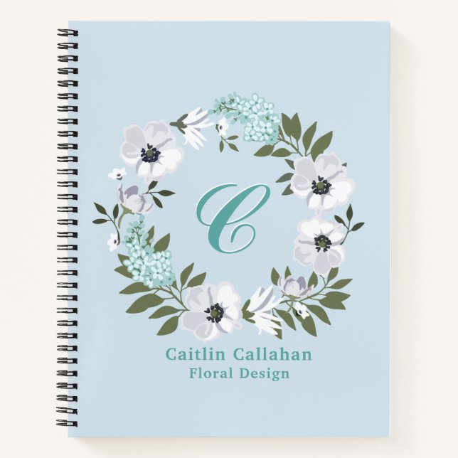 Monogrammed Black, White & Teal Floral Design Notebook (Front)