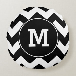 Monogrammed Black Zigzag Pattern Round Pillow