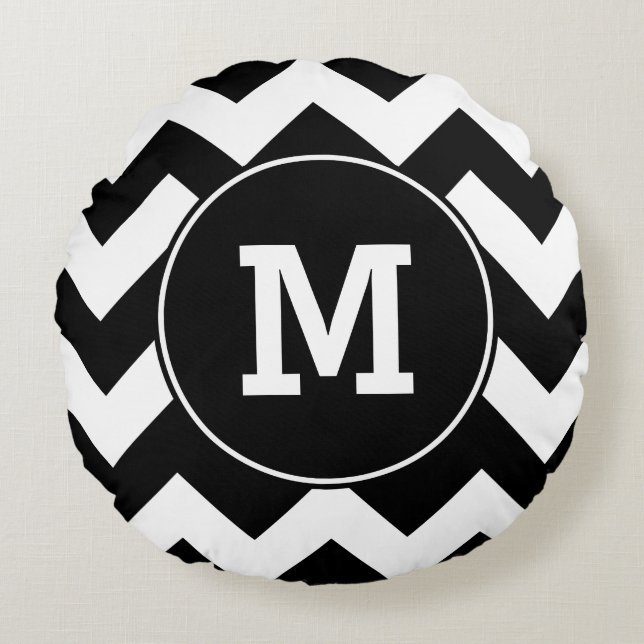 Monogrammed Black Zigzag Pattern Round Pillow (Front)