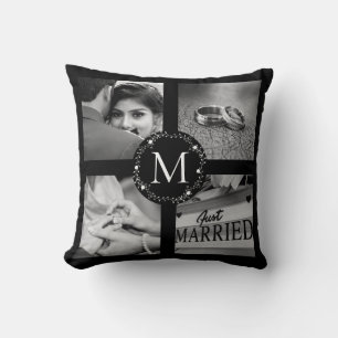 Monogrammed blk collage wreath with name, Est date Throw Pillow