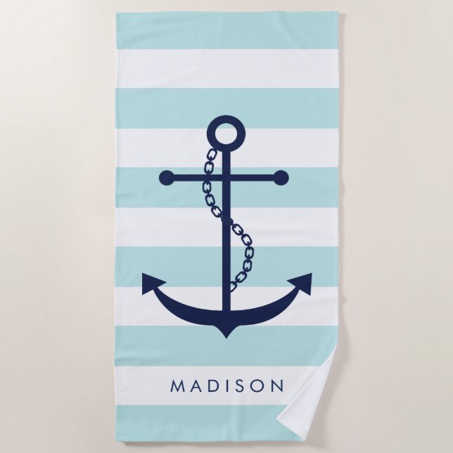 Monogrammed Blue Anchor on Light Blue Stripes Beach Towel (Front)
