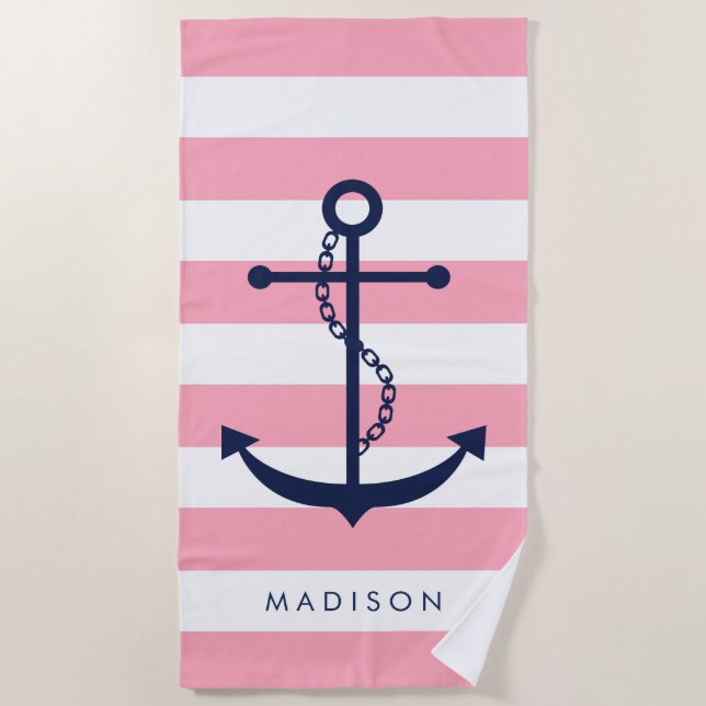 Monogrammed Blue Anchor on Pink Stripes Beach Towel (Front)