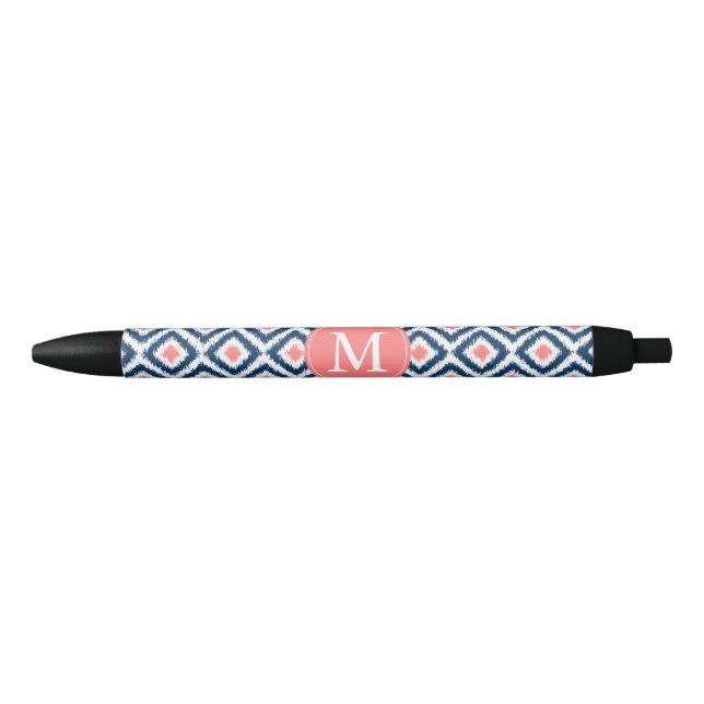 Monogrammed Blue and Coral Diamonds Ikat Pattern Black Ink Pen (Front)