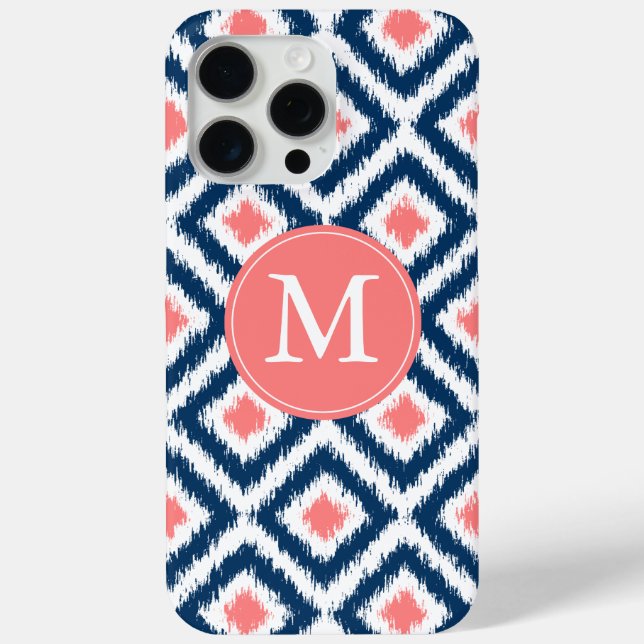 Monogrammed Blue and Coral Diamonds Ikat Pattern Case-Mate iPhone Case (Back)