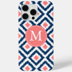 Monogrammed Blue and Coral Diamonds Ikat Pattern iPhone 15 Pro Max Case