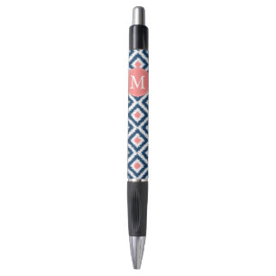 Monogrammed Blue and Coral Diamonds Ikat Pattern Pen
