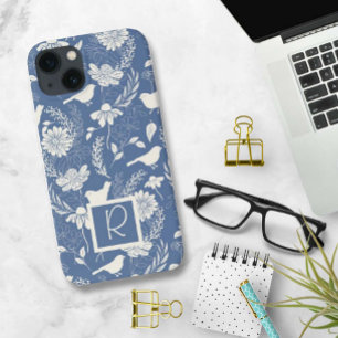 Monogrammed  Blue and Cream Birds and Blossoms iPhone 13 Case