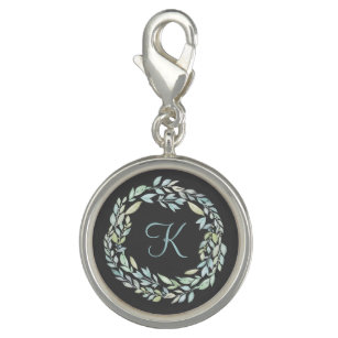 Monogrammed Blue and Green Grey Floral Wreath  Charm