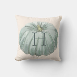 Monogrammed Blue and Ivory Fall Pumpkin Throw Pillow
